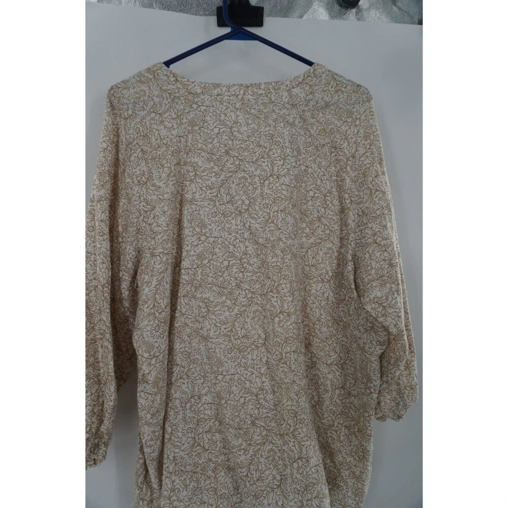 Pure Jill 100% Organic Cotton Paisley Henley Blouse Tan Split Neck Tunic Size L